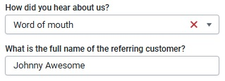 FareHarbor checkout showing the Word of mouth dropdown and referring customer name field